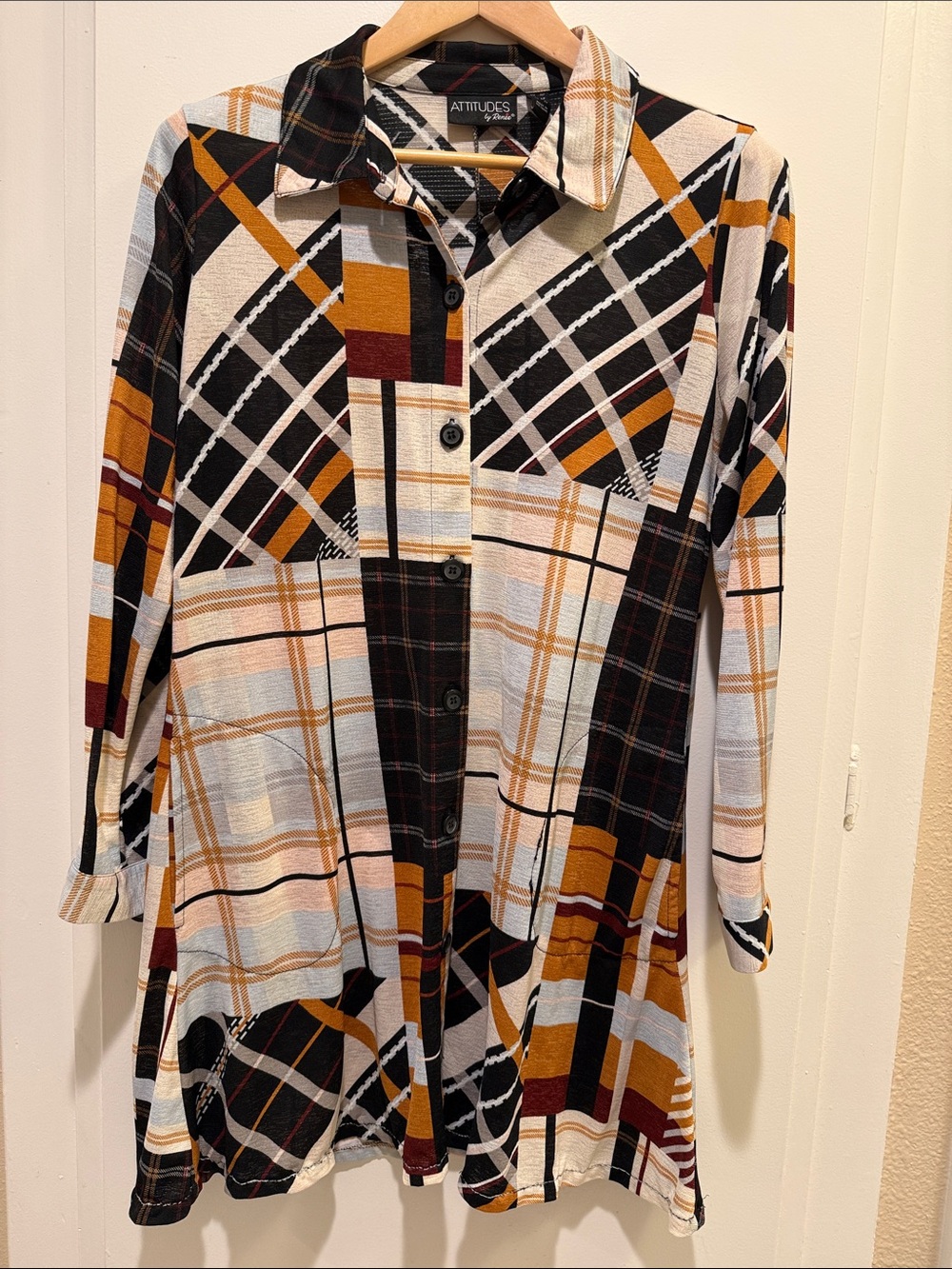 Attitudes by Renee Black, Mustard & White Plaid Button Tunic
